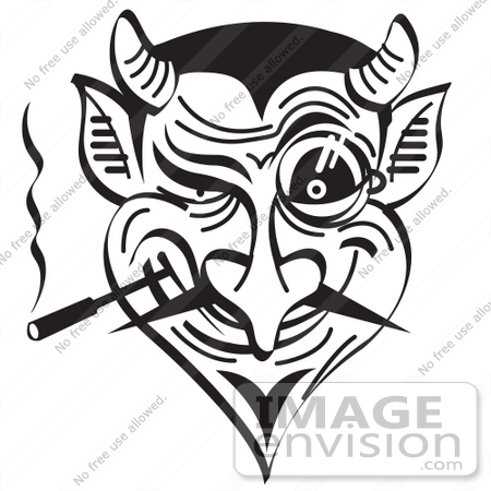#29102 Royalty-free Black and White Cartoon Clip Art of an Evil and Greedy Devil Smoking and Grinning by Andy Nortnik