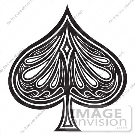 #29120 Royalty-free Black and White Cartoon Clip Art of a Black Spade on a Playing Card by Andy Nortnik