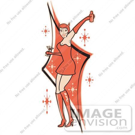 #29207 Royalty-free Cartoon Clip Art of a Sexy Woman In A Tight Red Dress, Gloves And Tall Boots And Forked Devil Tail, Dancing While Drinking At A Party by Andy Nortnik