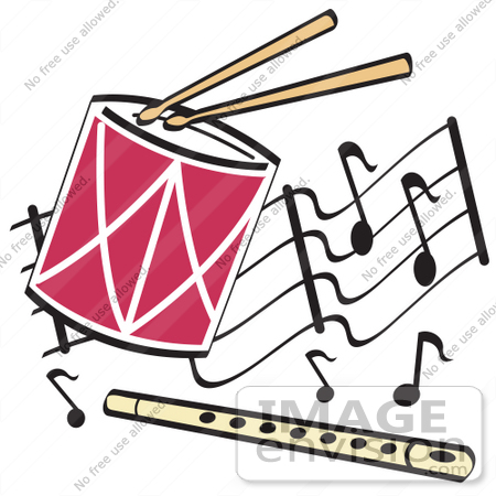 #29243 Royalty-free Cartoon Clip Art of a Drumsticks Playing a Drum and a Flute Over a Musical Note Background by Andy Nortnik