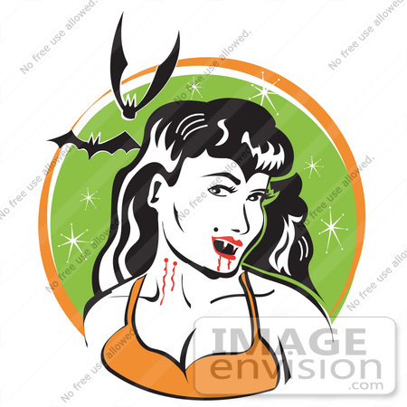 #29275 Royalty-free Cartoon Clip Art of a Pale, Black Haired Female Vampire With Blood Dripping Off Of Her Fanges And Onto Her Chin, Showing The Bite Marks On Her Neck While Two Bats Fly Above by Andy Nortnik
