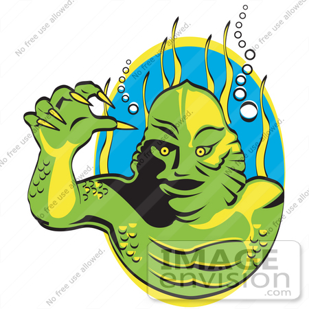 #29283 Royalty-free Cartoon Clip Art of a Green Swamp Monster With Yellow Talons And Scaly Skin, Breathing Underwater With Bubbles And Aquatic Plants by Andy Nortnik