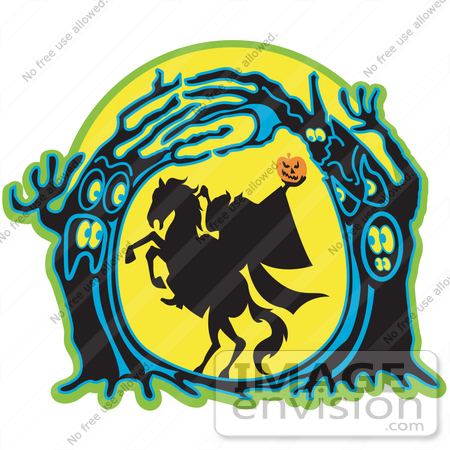 #29303 Royalty-free Cartoon Clip Art of the Headless Horseman Holding His Pumpkin Head up High As His Horse Rears up in a Haunted Forest of Evil Trees by Andy Nortnik