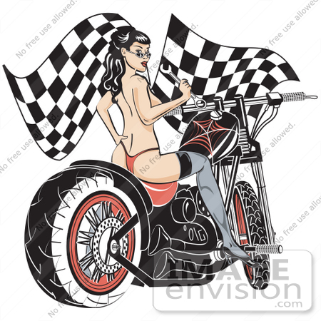 #29304 Royalty-free Cartoon Clip Art of a Sexy Topless Brunette Woman In A Red Thong, Stockings And Heels, Looking Back Over Her Shoulder And Holding A Wrench While Sitting On A Motorcycle And Racing Flags In The Background by Andy Nortnik