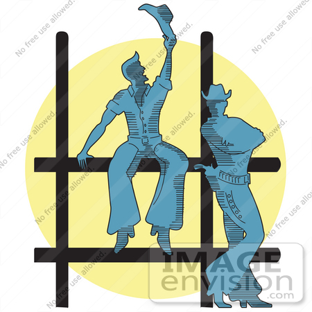 #29323 Royalty-free Cartoon Clip Art of Two Cowboys by a Fence at a Rodeo, Silhouetted by a Bright Light by Andy Nortnik