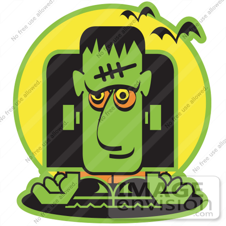 #29332 Royalty-free Cartoon Clip Art of a Green Frankenstein With Vampire Bats by Andy Nortnik