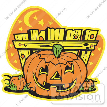 #29335 Royalty-free Cartoon Clip Art of a Halloween Pumpkin With a Carved Face, Resting by a Fence at Night by Andy Nortnik