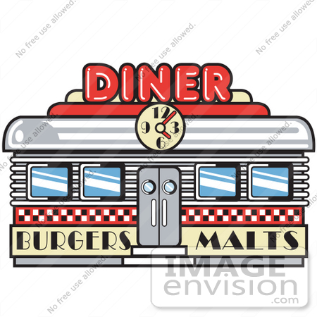 #29406 Royalty-free Cartoon Clip Art of a Retro Diner Building With A Clock On It And Signs Advertising Burgers And Malts by Andy Nortnik