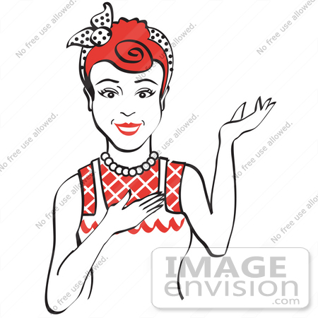 #29440 Royalty-free Cartoon Clip Art of a Friendly Red Haired Housewife, Waitress Or Maid Woman Wearing An Apron And Resting One Hand On Her Chest While Holding The Other Hand Up by Andy Nortnik