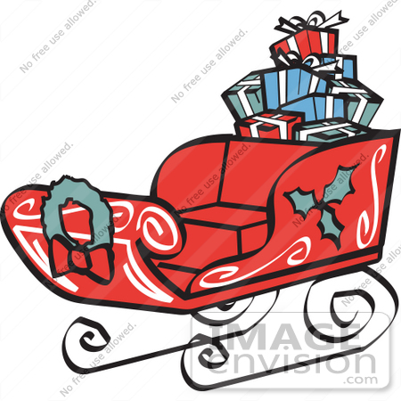 #29468 Royalty-free Cartoon Clip Art of a Red Sleigh Decorated With Holly And A Wreath, Carrying Presents by Andy Nortnik