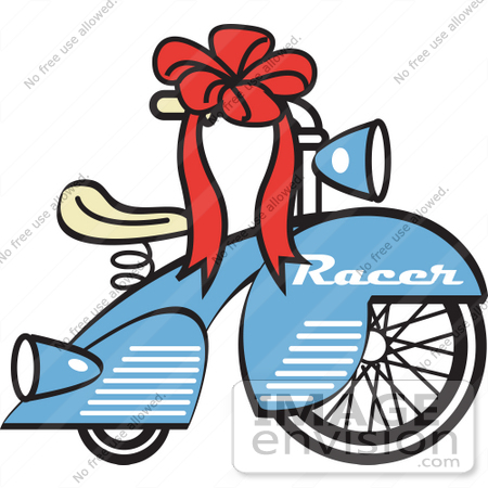 #29470 Royalty-free Cartoon Clip Art of a Brand New Blue Racer Tricycle Bike With A Red Ribbon In The Handlebars by Andy Nortnik