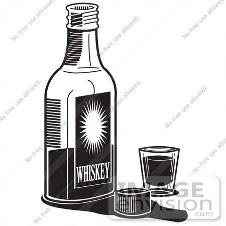 #29491 Royalty-free Black and White Cartoon Clip Art of a Bottle Of Whiskey By A Shot Glass In A Bar by Andy Nortnik