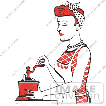 #29578 Royalty-free Cartoon Clip Art of a Beautiful Red Haired Housewife Or Maid Woman Using A Manual Coffee Grinder by Andy Nortnik