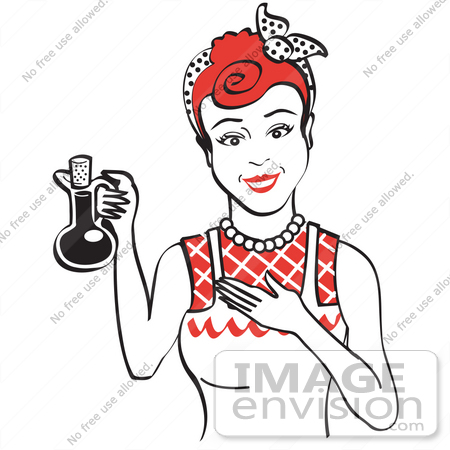 #29606 Royalty-free Cartoon Clip Art of a Happy Woman in an Apron, Holding up a Bottle of Cooking Oil by Andy Nortnik