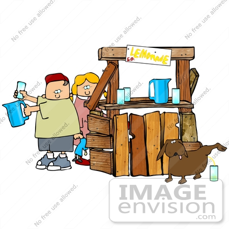 #29712 Clip Art Graphic of a Mischievous Dog Urinating In A Glass While A Boy And Girl Pour Real Drinks At A Lemonade Stand by DJArt