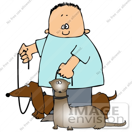 #29719 Clip Art Graphic of a Happy Boy Walking His Little Wiener Dog and Ferret at the Same Time by DJArt