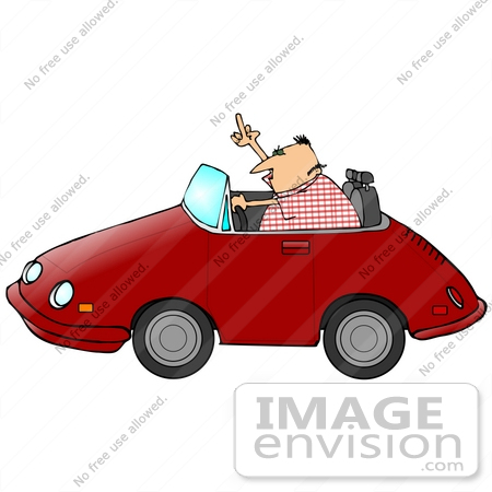 #29743 Clip Art Graphic of a Man Driving a Convertible Car, Flipping Someone Off in a Fit of Road Rage by DJArt