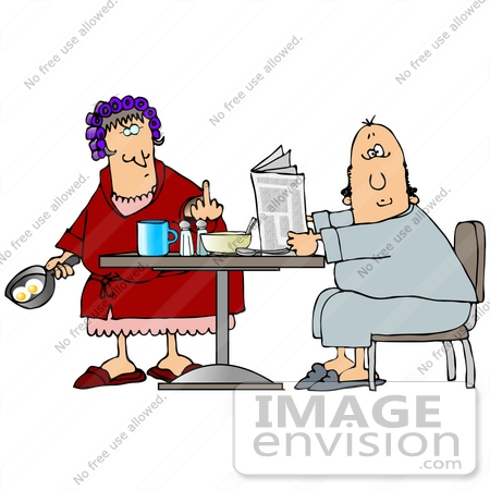 #29791 Clip Art Graphic of a Shocked Husband Holding a Newspaper and Eating Breakfast as His Mad Wife Cooks Eggs and Flips Him Off by DJArt