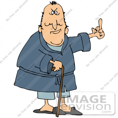 #29793 Clip Art Graphic of a Mean Old Man in a Robe, Using a Cane and Flipping People the Bird by DJArt