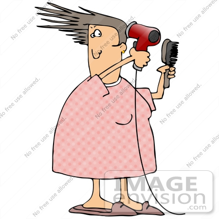 #29816 Clip Art Graphic of a Woman In Pjs And Slippers, Holding A Hairbrush And Using A Powerful Blow Dryer To Style Her Hair by DJArt