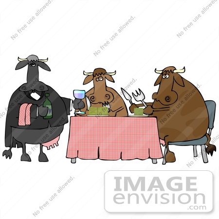 #29855 Clip Art Graphic of a Black Cow Serving Wine To A Cow Couple In A Restaurant by DJArt