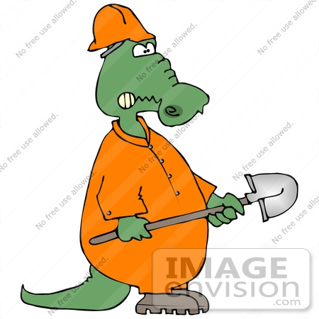 #29862 Clip Art Graphic of a Grumpy Alligator Construction Worker Carrying A Shovel by DJArt