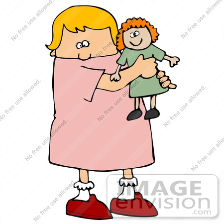 #29886 Clip Art Graphic of a Cute Caucasian Girl Hugging Her Doll by DJArt