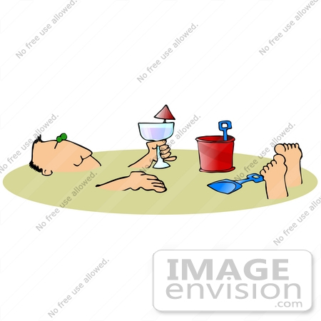 #29898 Clip Art Graphic of a Man Drinking Wine And Soaking Up The Sun While Buried In The Sand At The Beach by DJArt