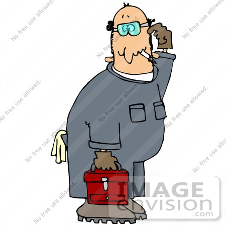 #29914 Clip Art Graphic of a Confused Mechanic Smoking, Carrying A Toolbox And Scratching His Head by DJArt