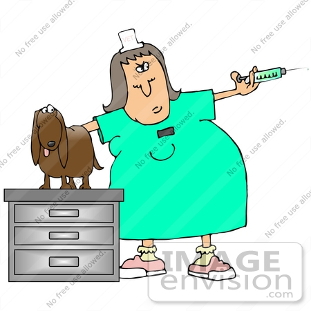 #29920 Clip Art Graphic of a Stressed Out Dog On A Table In An Exam Room, Watching As A Vet Tech Prepares A Needle For A Vaccine by DJArt
