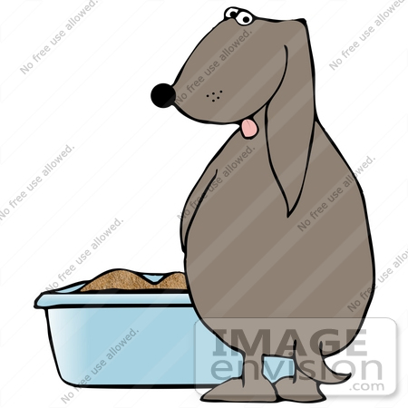 #29921 Clip Art Graphic of a House Trained Dog Peeing Into A Blue Litter Box by DJArt