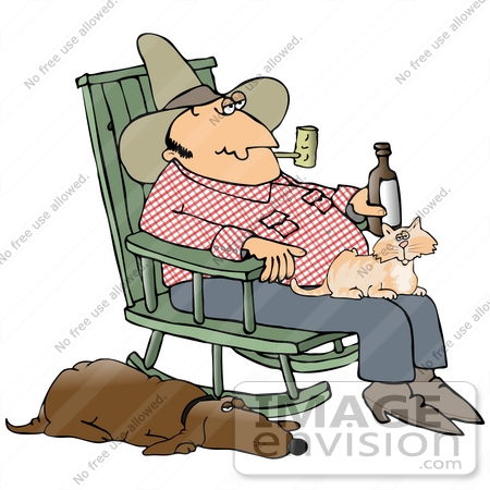 #29928 Clip Art Graphic of a Loyal Hound Dog Sleeping With One Eye Open Beside His Master, A Hillbilly Cowboy, Who Is Drinking Beer And Smoking A Pipe With A Cat In His Lap While Rocking In A Rocking Chair by DJArt