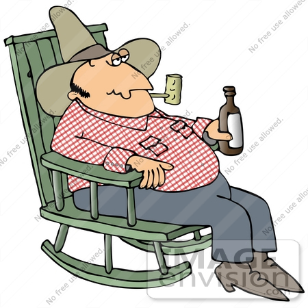 #29929 Clip Art Graphic of a Cowboy Smoking A Tobacco Pipe And Drinking A Beer While Sitting In A Rocking Chair, Trying To Unwind At The End Of A Long Day by DJArt