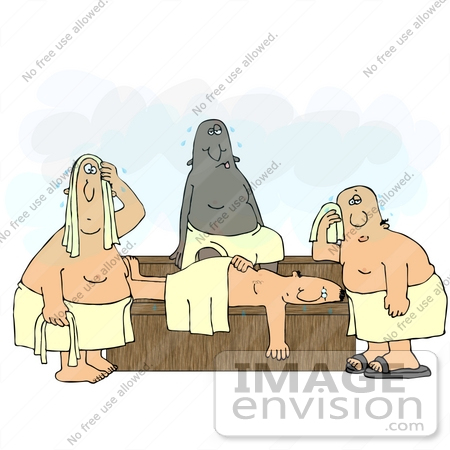#29930 Clip Art Graphic of Four Sweaty Men Wrapped In Towels Perspiring In A Hot Sauna by DJArt