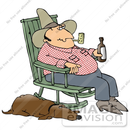 #29931 Clip Art Graphic of a Tired Cowboy Smoking A Pipe And Drinking A Beer While Sitting In A Rocking Chair With His Tired Old Hound Dog Sleeping With One Eye Open Beside Him by DJArt