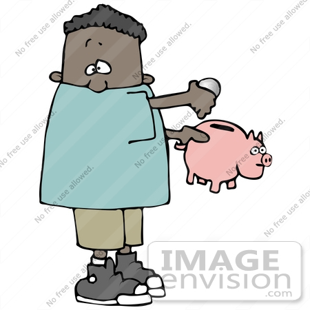 #30191 Clip Art Graphic of a Black Boy Putting Change Into His Piggy Bank by DJArt
