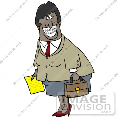 #30195 Clip Art Graphic of a Friendly Black Business Woman Carrying A Briefcase And Paper And Showing Her Metal Mouth Braces by DJArt