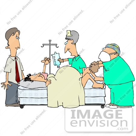 #30202 Clip Art Graphic of a Scared Caucasian Man Watching His Angry Pregnant Wife Give Labor With The Help Of A Nurse And Doctor In A Hospital by DJArt