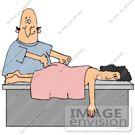 #30206 Clip Art Graphic of a Nervous, Bald White Man Massaging A Woman’s Back by DJArt