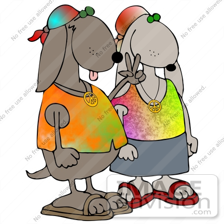 #30369 Clip Art Graphic of a Hippie Dog Couple Wearing Tie Dye Shirts, Flashing The Peace Sign by DJArt