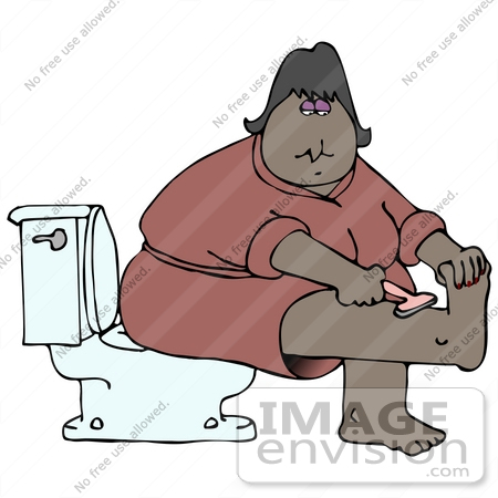 #30384 Clip Art Graphic of a Black Woman In A Pink Robe, Sitting On A Toilet And Shaving Her Leg by DJArt
