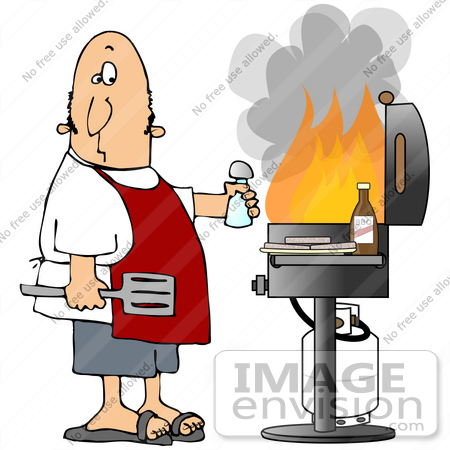 #30583 Clip Art Graphic of a Nervous Caucasian Man Wearing A Red Apron, Holding A Spatula And Salt Shaker, Standing In Front Of Hamburger Patties And Bbq Sauce And A Gas Bbq Grill With Huge Flames by DJArt