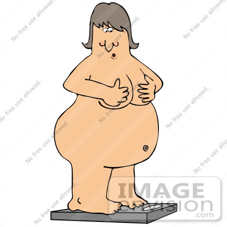 #30631 Clipart Illustration of an Overweight Naked Caucasian Woman Holding Her Chest While Standing On A Scale To Check Her Weight by DJArt