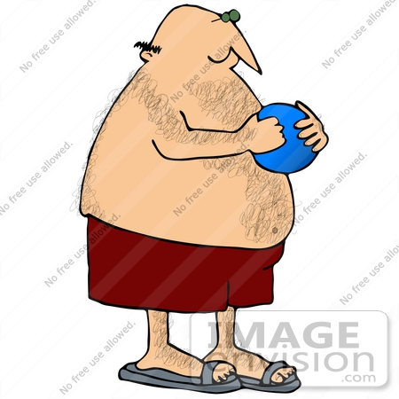#30632 Clipart Illustration of a Caucasian Man With A Hairy Body, Wearing Sandals And Swim Shorts While Playing With A Ball At The Beach by DJArt