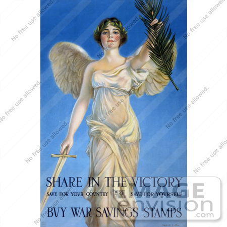 #3075 Stock Photography of a Vintage World War I War Savings Stamps Poster of a Winged Woman Holding a Sword and Palm Branch by JVPD