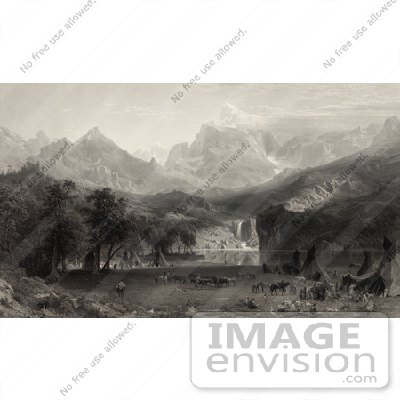 #30754 Stock Illustration of a Native American Encampment With Tipis And Horses On A Lake Shore In Yosemite Valley Of The Rocky Mountains by JVPD
