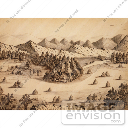 #30756 Stock Illustration of a Rocky Mountain Landscape Of Covered Wagons And A Tent At A Place Called Pretty Camp, Nestled At The Edge Of A Forest by a River by JVPD