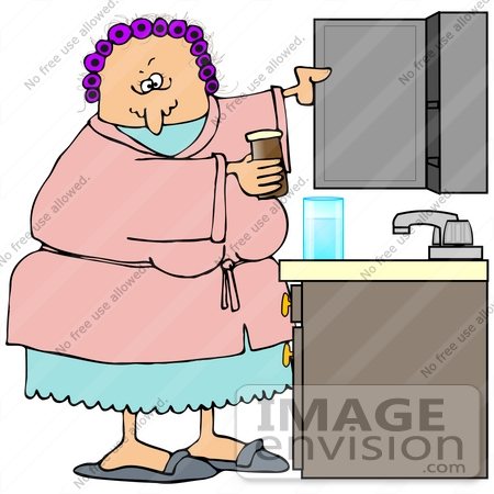 #30768 Clip Art Graphic of a Grouchy Old Caucasian Lady Wearing A Pink Robe Over Blue Pjs And Purple Curlers In Her Hair, Taking Medicine Out From A Bathroom Cabinet by DJArt