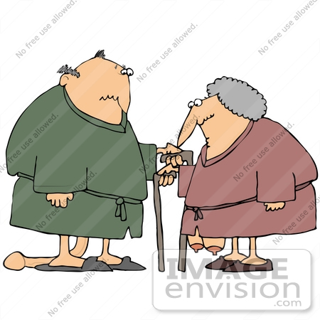 #30775 Clip Art Graphic of a White Senior Couple Wearing Robes And Slippers, Leaning On Canes With Their Privates Sagging To The Floor by DJArt