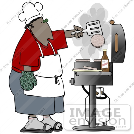 #30783 Clip Art Graphic of a Black Man Wearing A Chef’s Hat, An Apron, Red Shirt And Blue Shorts, Flipping Burgers On A Bbq Grill by DJArt